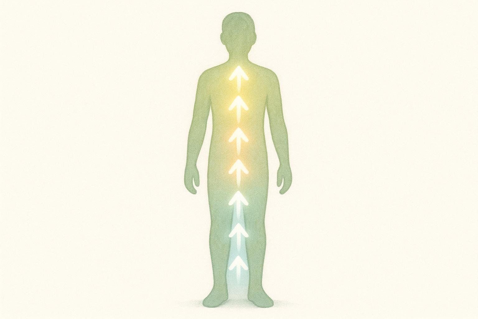 Illustration of arrows moving up a human silhouette, transitioning from blue at the feet to yellow at the head, representing TRE's bottom-up approach to stress release.