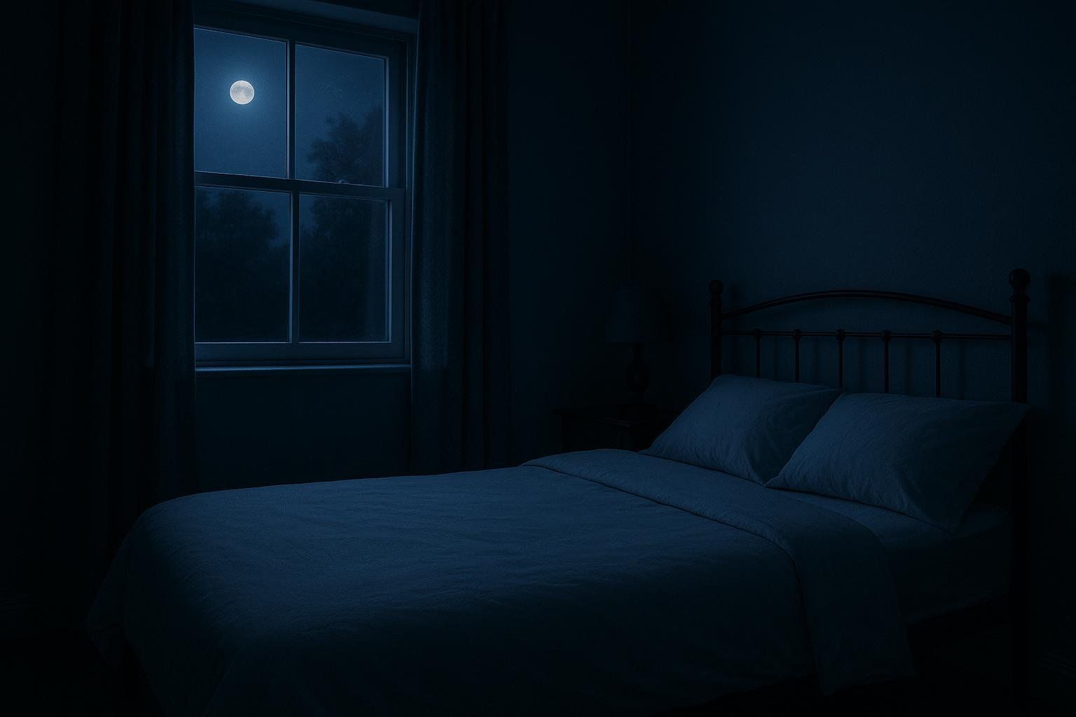 A dimly lit bedroom scene at night. Moonlight from a full moon streams through a window, illuminating parts of a bed with dark blue bedding and a metal headboard.