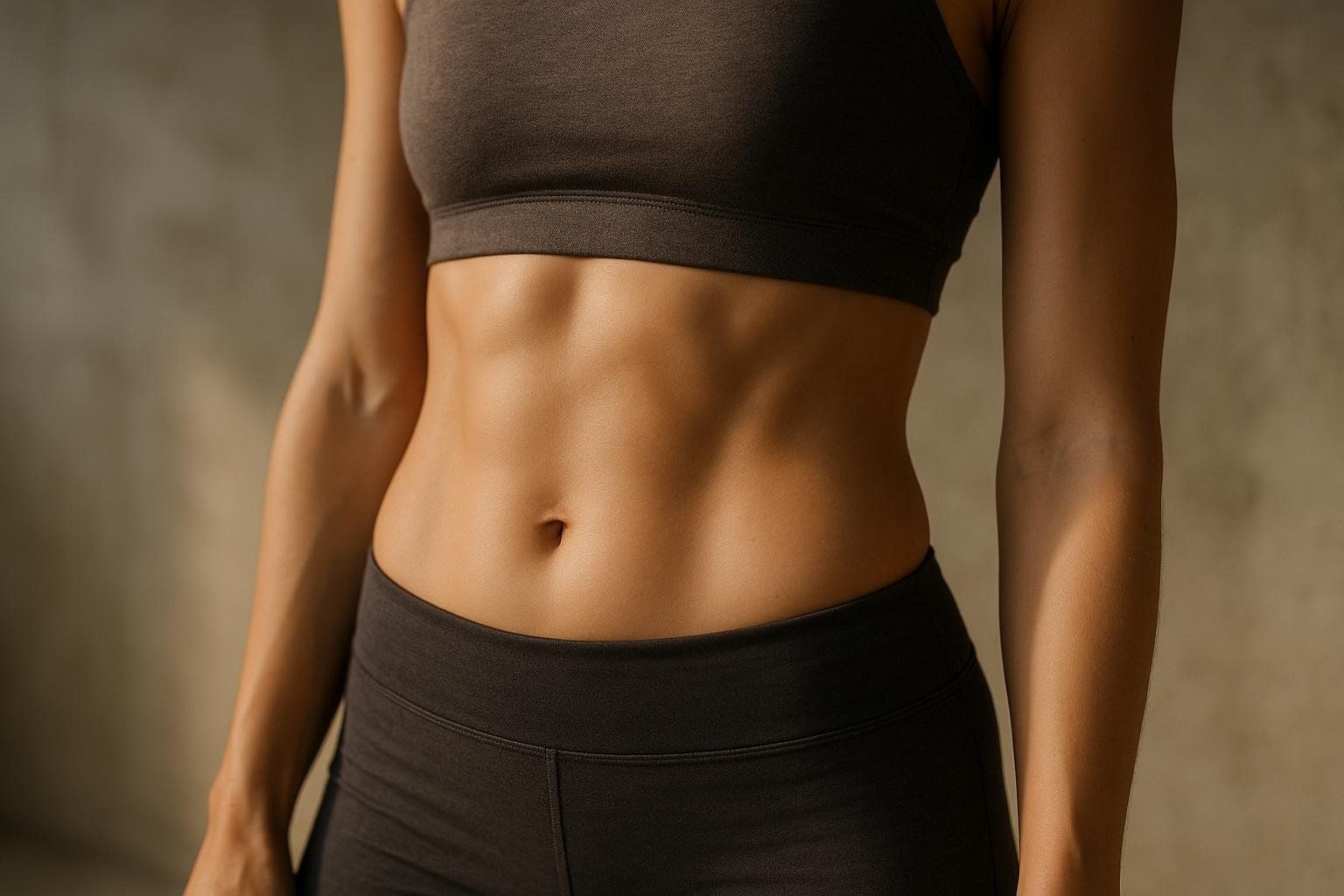 Close-up of a woman's lean abdomen with light muscle definition, wearing a dark athletic bra and shorts.