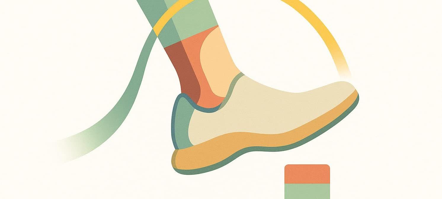 Abstract illustration of a leg and foot, rendered in muted tones of green, orange, and beige, stepping over a small rectangular hurdle. Above and behind the leg, yellow and green curved lines suggest motion and a path, emphasizing safe walking gait and fall prevention.