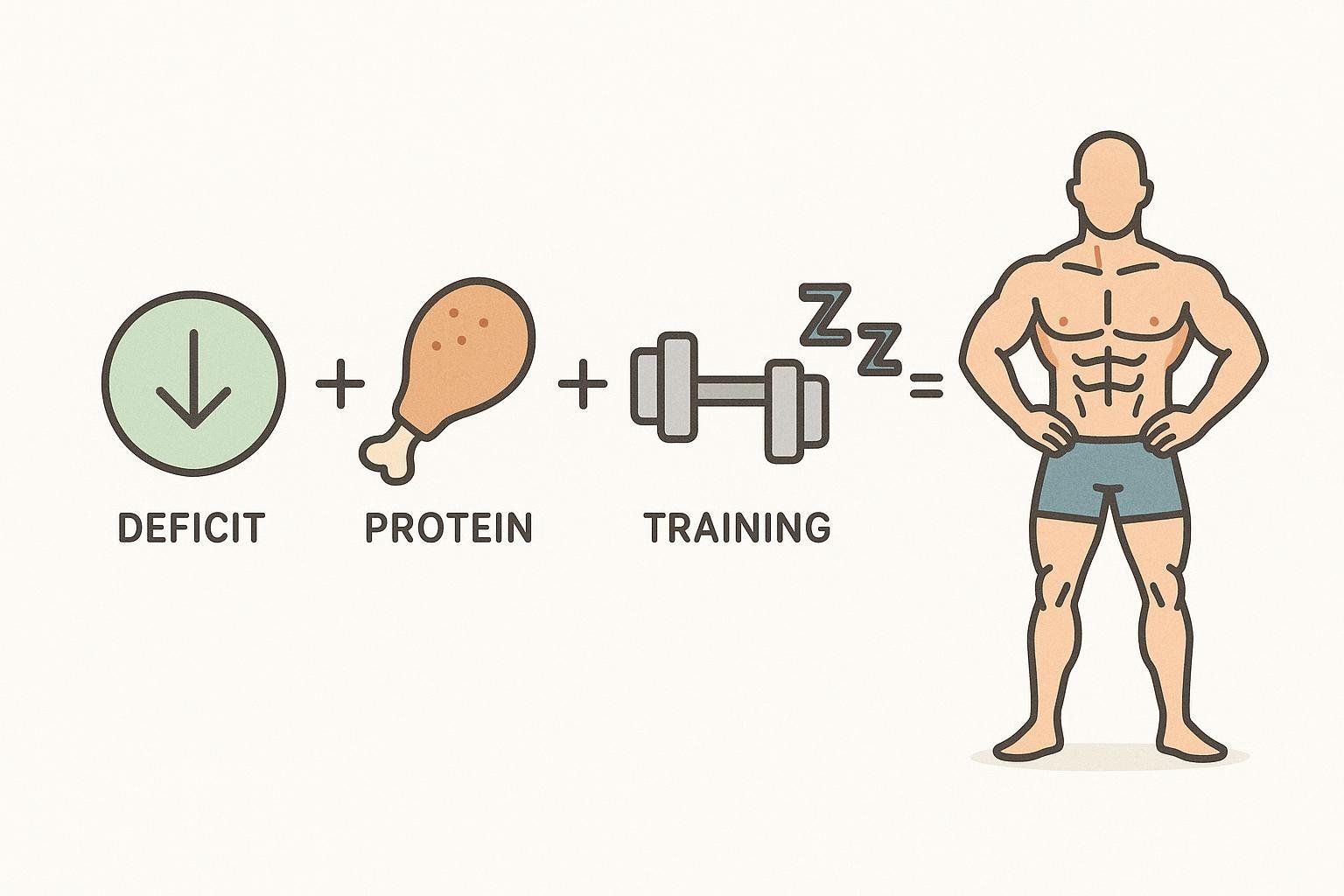 An infographic showing that a calorie deficit, protein, and training (which includes recovery represented by 'ZzZ' on the dumbbells) combine to create fat loss with muscle retention, depicted by a muscular male figure.
