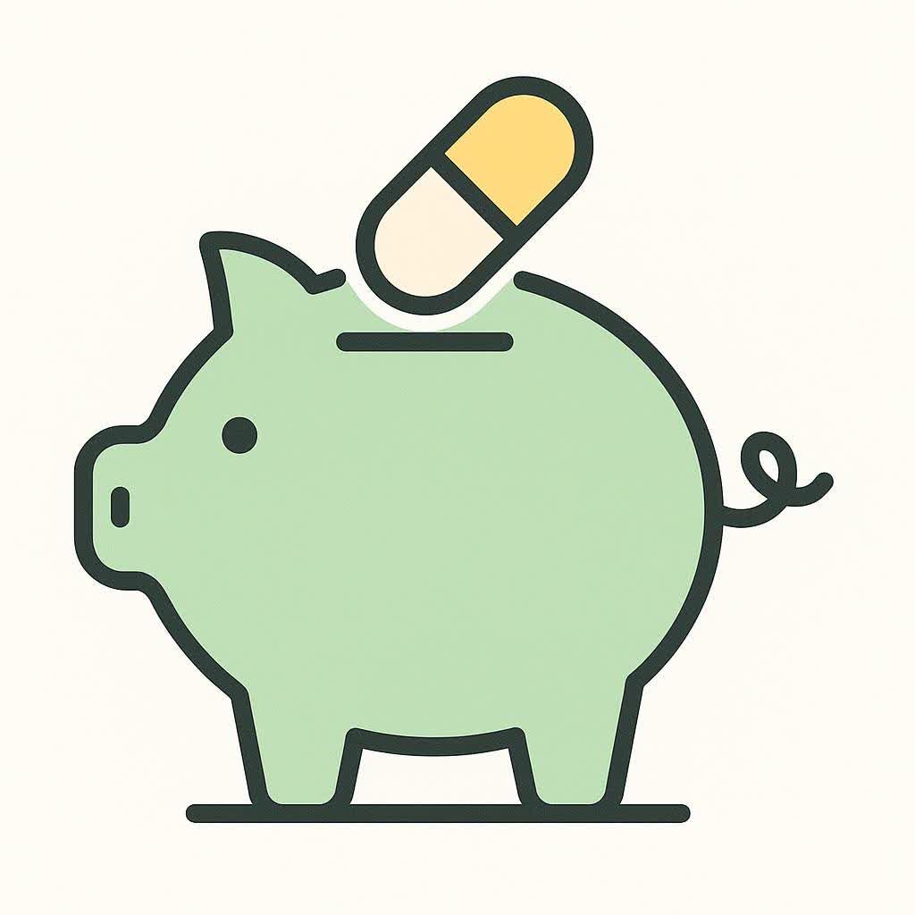 A simple icon of a pill being dropped into a piggy bank, symbolizing savings on medication.