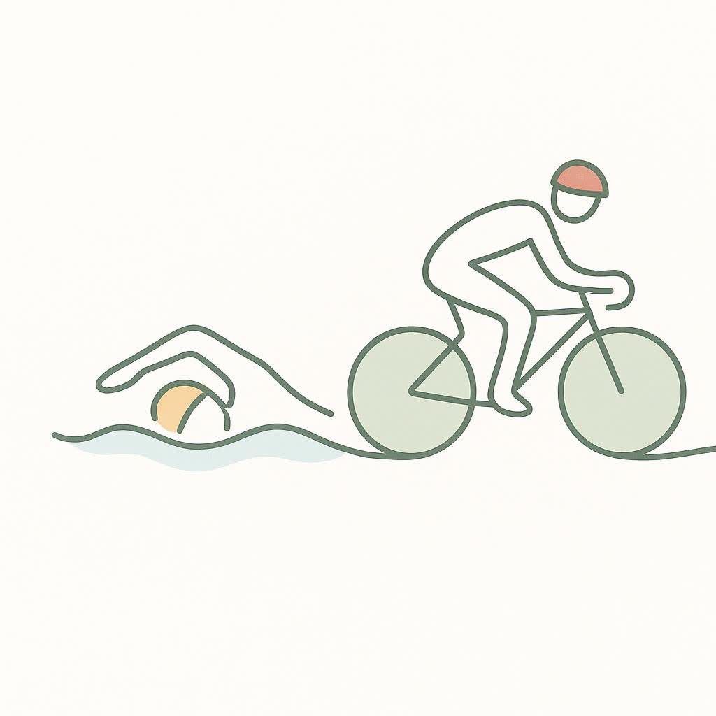 An illustration showing a continuous line forming a swimmer, then a cyclist, symbolizing triathlon or continuous movement.