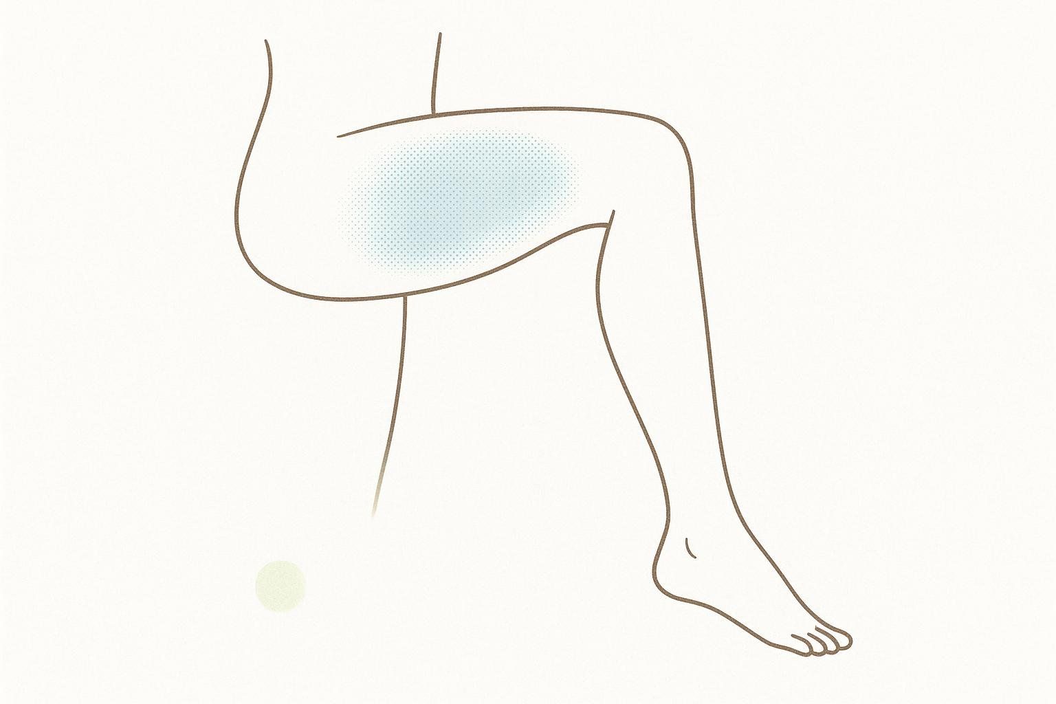 Illustration of a leg with the outer thigh highlighted in light blue dots, indicating the area of potential temporary numbness following an anterior hip replacement.