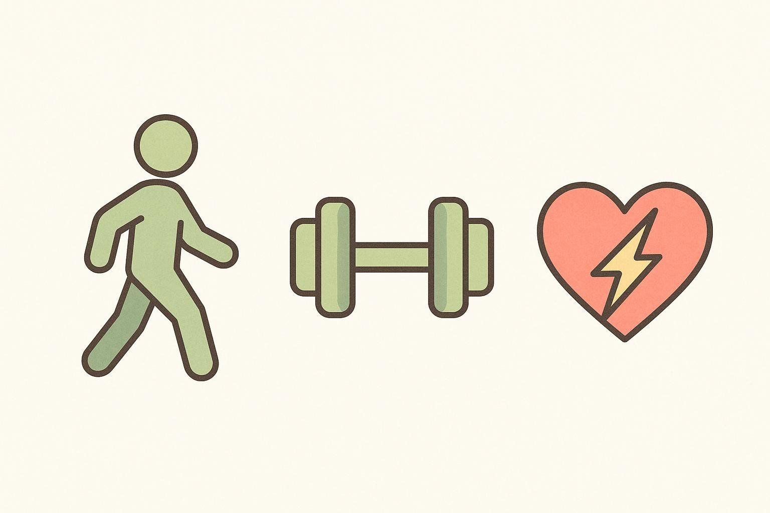 Icons depicting three main types of exercise beneficial for managing blood sugar: a walking person for aerobic exercise, a dumbbell for strength training, and a heart with a lightning bolt for HIIT.