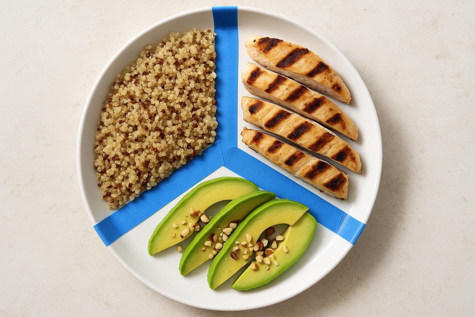 A white plate divided into three sections by blue tape, holding quinoa (carbohydrates), grilled chicken strips (protein), and sliced avocado with nuts (fats), representing a balanced macronutrient meal.