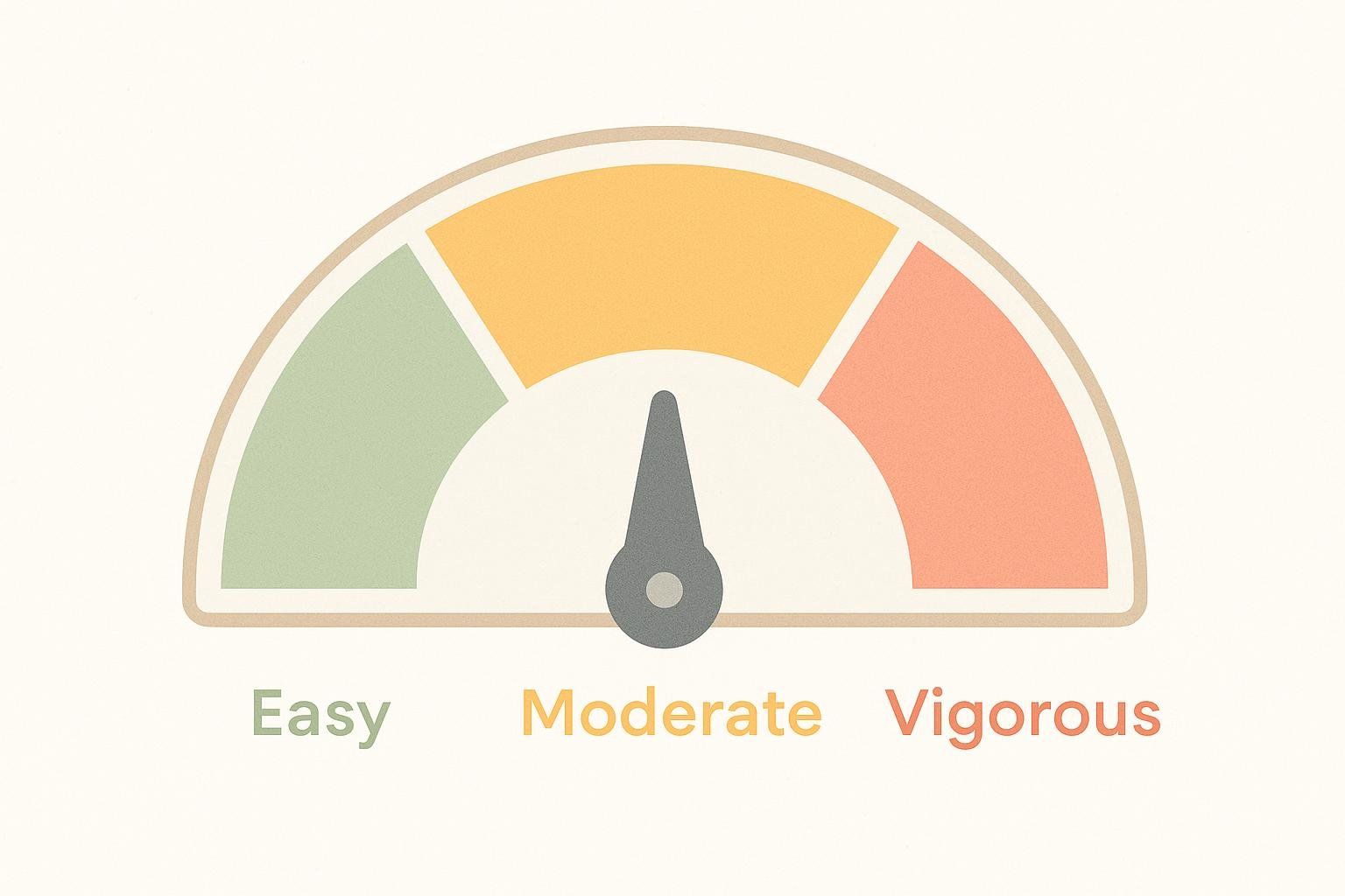 An intensity gauge ranging from easy to vigorous, with the needle pointing to 'Moderate' to illustrate workout intensity.