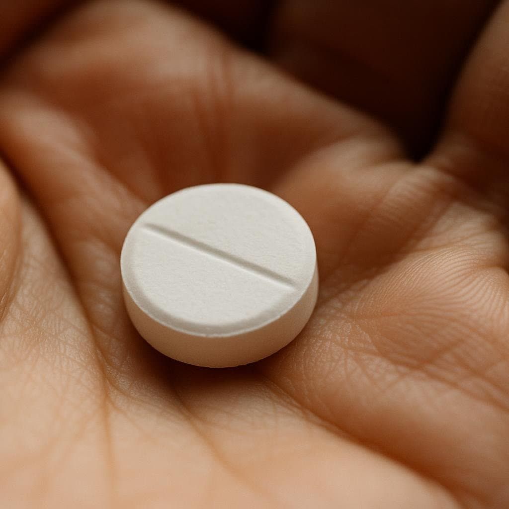 Close-up of a single white pill in a hand.