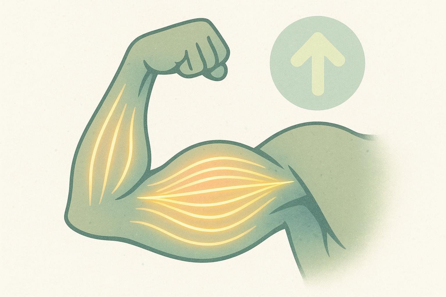Illustration of a flexing arm with glowing muscle fibers and an upward arrow icon, symbolizing muscle gain.