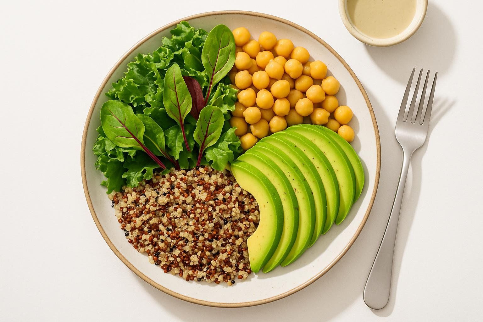A colorful vegan Buddha bowl features sections of quinoa, chickpeas, sliced avocado, and a mix of green lettuce and red-veined greens. A fork and a small bowl of dressing are next to the plate.