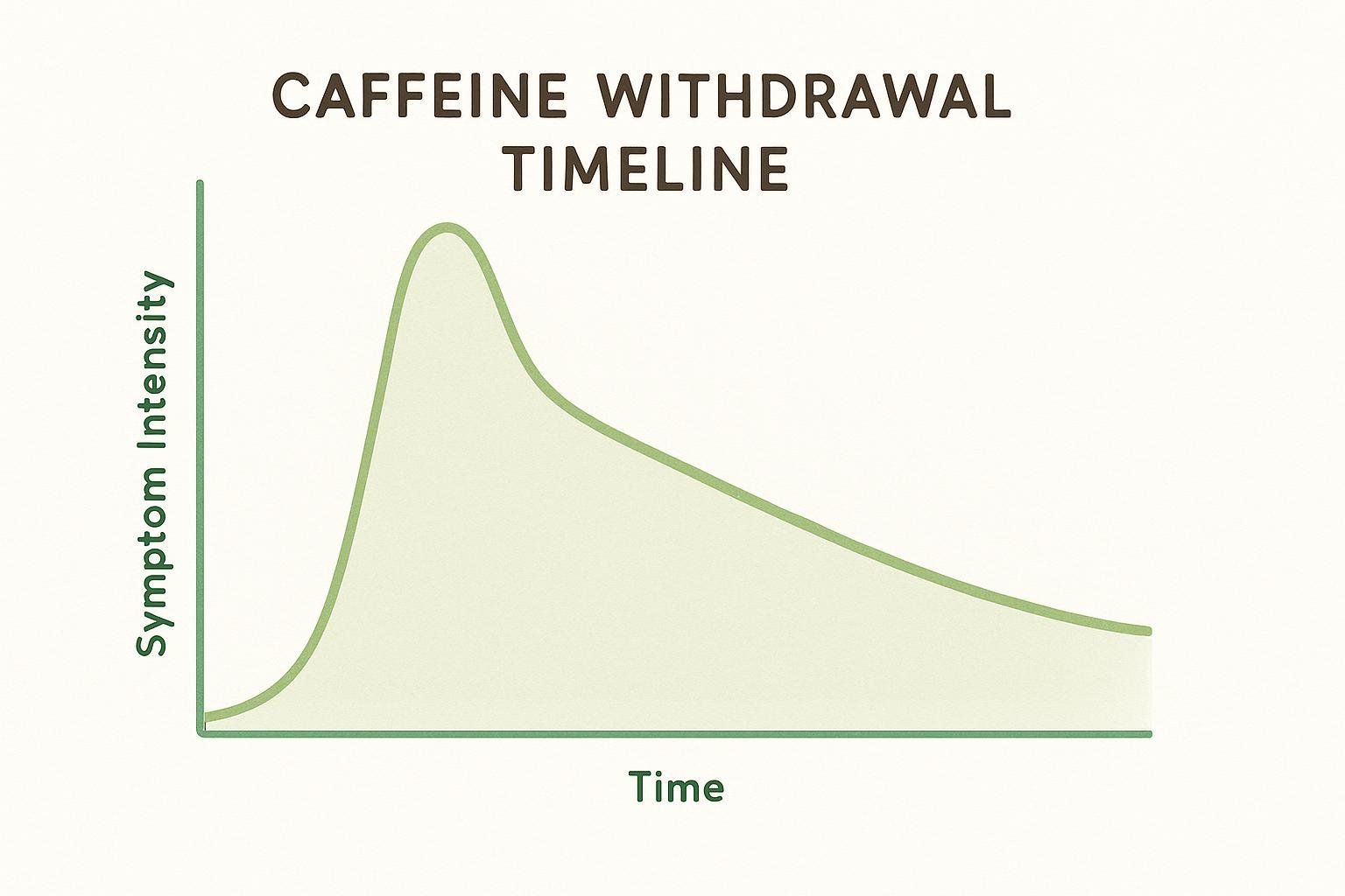 A conceptual line graph titled 'CAFFEINE WITHDRAWAL TIMELINE'. The y-axis is labeled 'Symptom Intensity' and the x-axis is labeled 'Time'. A shaded green area graph shows symptom intensity starting low, peaking significantly early on the timeline, and then gradually diminishing over time.