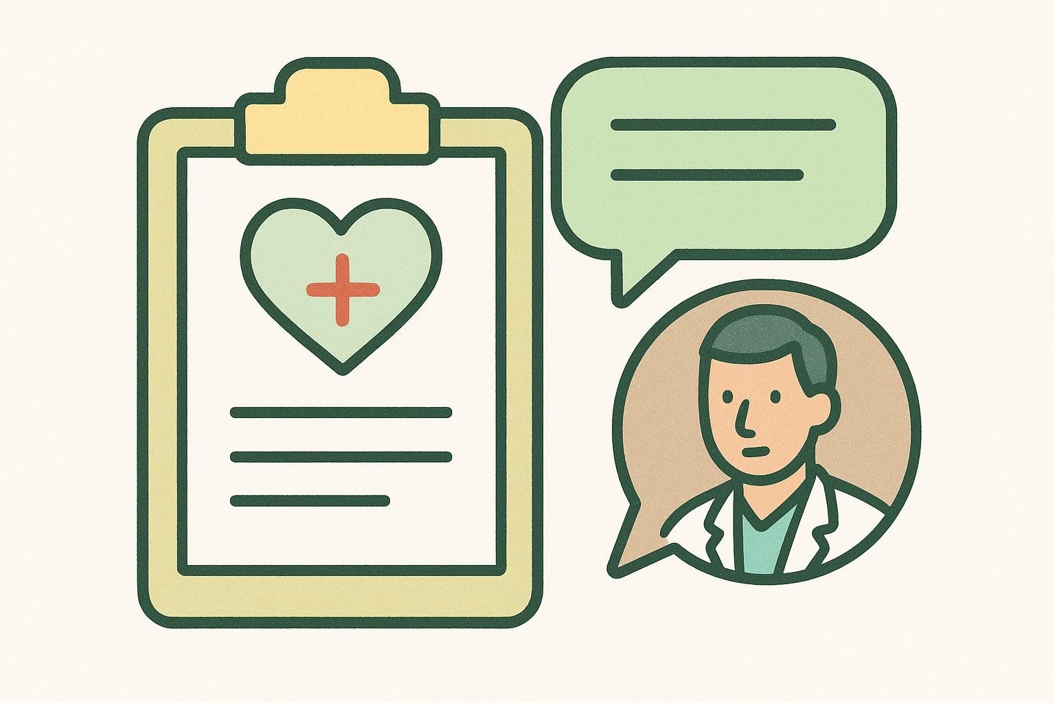 Illustration of a doctor's clipboard with a heart symbol and text lines, a doctor in a speech bubble, and another speech bubble next to it, representing medical consultation.