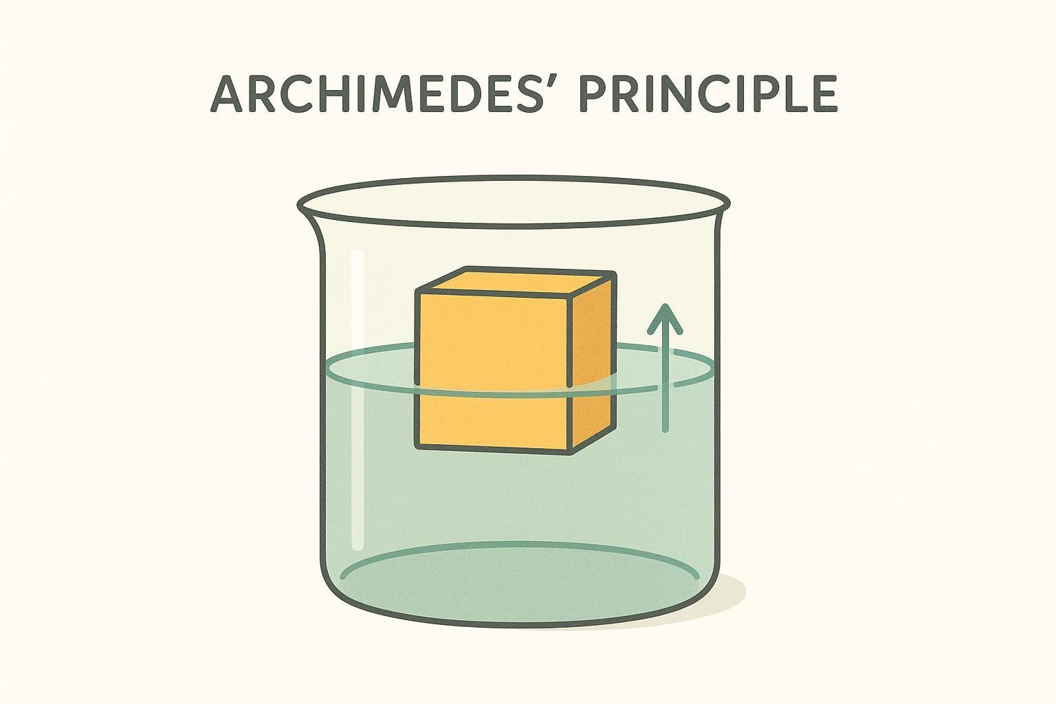 A clear diagram illustrating Archimedes' principle. A yellow rectangular block is partially submerged in water within a clear beaker, with an arrow indicating the upward buoyant force of the displaced water.