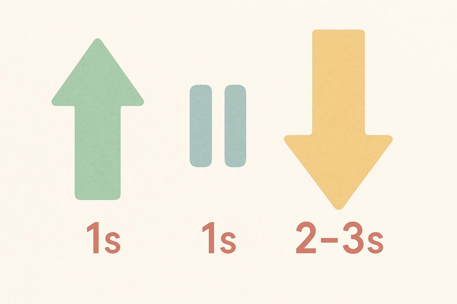 A clear diagram illustrates the ideal tempo for a hanging leg raise: a green arrow pointing up represents 1 second for the upward movement, two blue vertical bars symbolize a 1-second pause at the top, and a yellow arrow pointing down, with '2-3s' below it, indicates a slow 2-3 second descent.