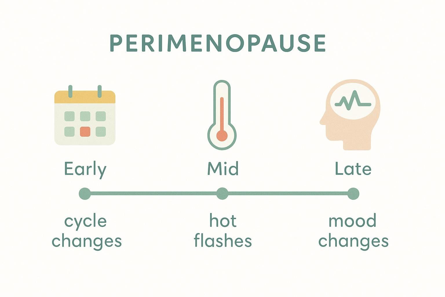 A timeline infographic titled "Perimenopause" showing three stages labeled Early, Mid, and Late. Under "Early" is a calendar icon with text "cycle changes." Under "Mid" is a thermometer icon with text "hot flashes." Under "Late" is a head profile with a brain wave icon and text "mood changes."