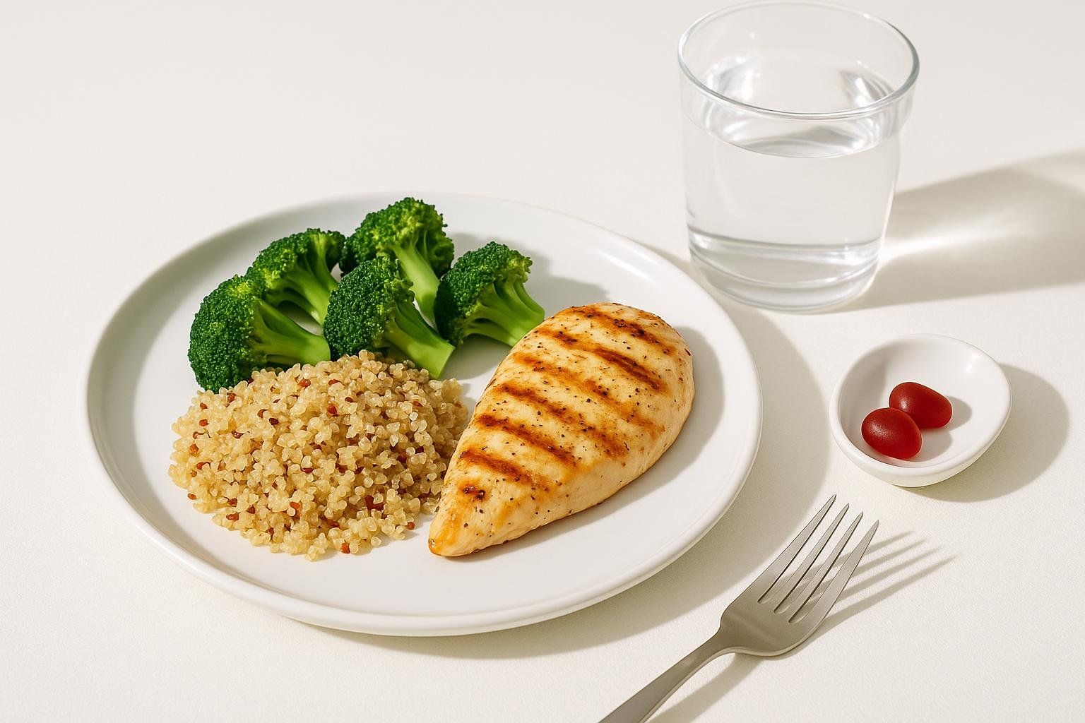 A photo of a healthy meal on a plate with two ACV gummies on the side, showing the recommendation to take them with food.