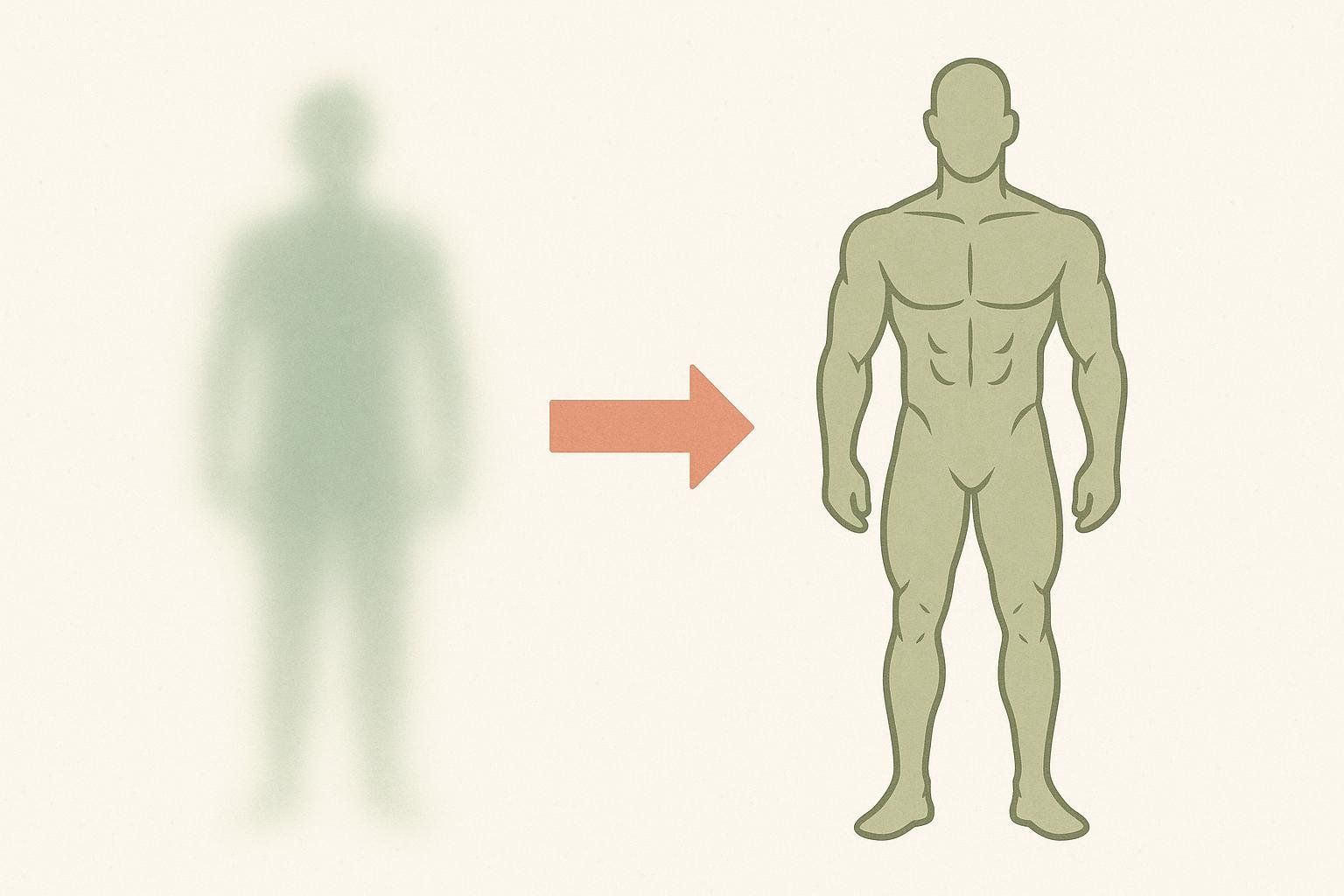 A conceptual before-and-after image showing a blurry figure becoming sharp and defined, symbolizing body composition changes.