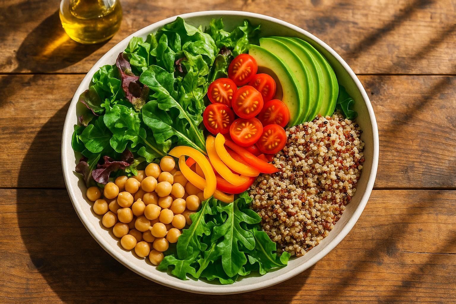 A colorful, vibrant bowl of salad with vegetables, legumes, and grains, representing a fiber-forward meal for gut health.