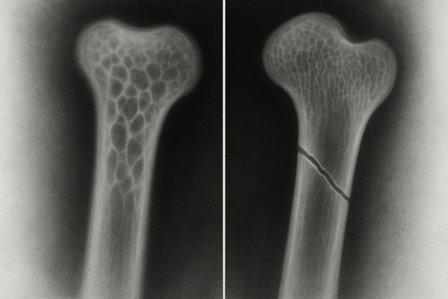 Split image comparing an X-ray of a healthy bone with dense structure to an X-ray of an osteoporotic bone showing a fracture and less dense, porous structure.