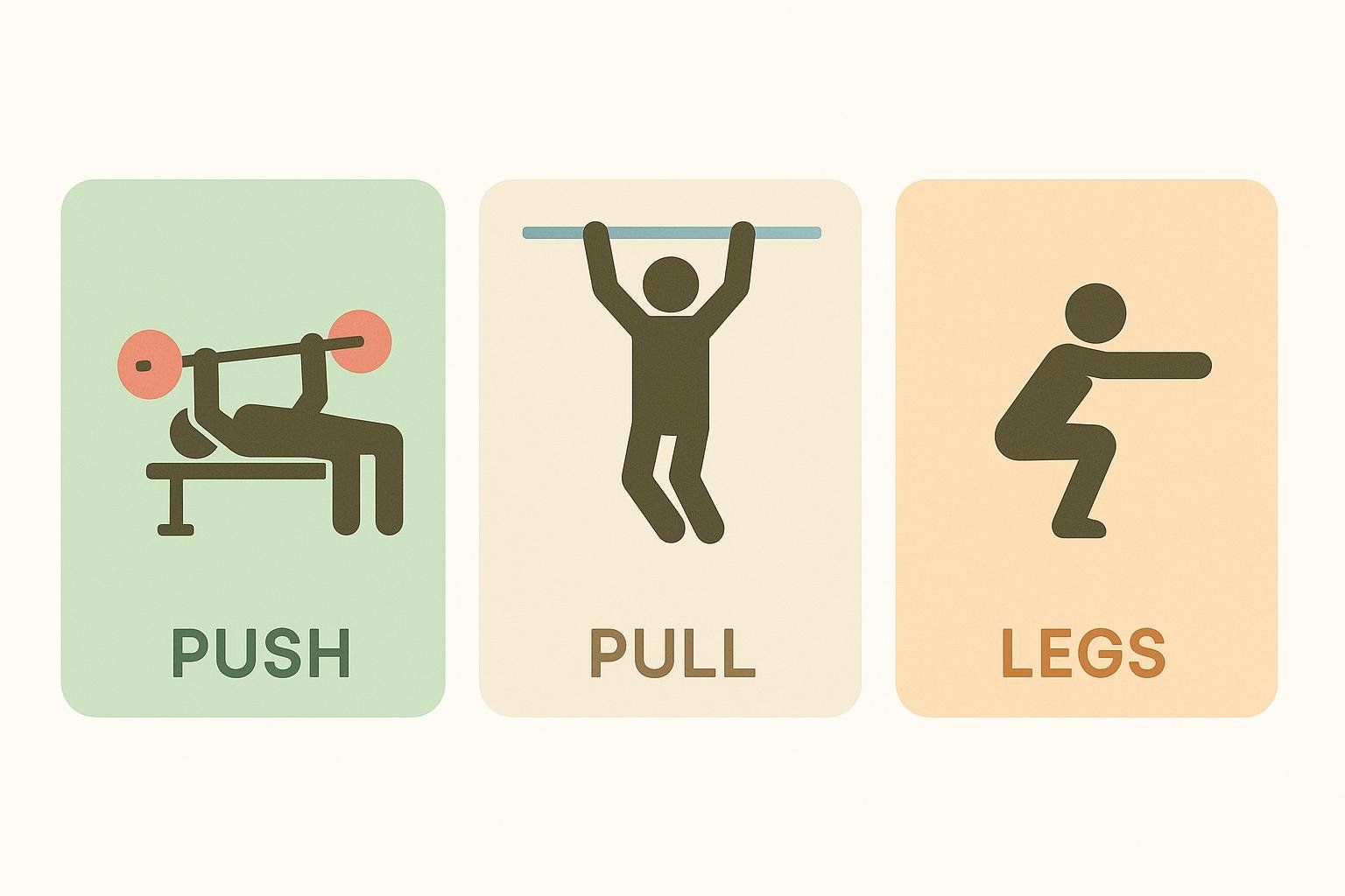 A graphic depicting three workout icons. From left to right: a person bench pressing representing 'PUSH', a person doing a pull-up representing 'PULL', and a person squatting representing 'LEGS'.