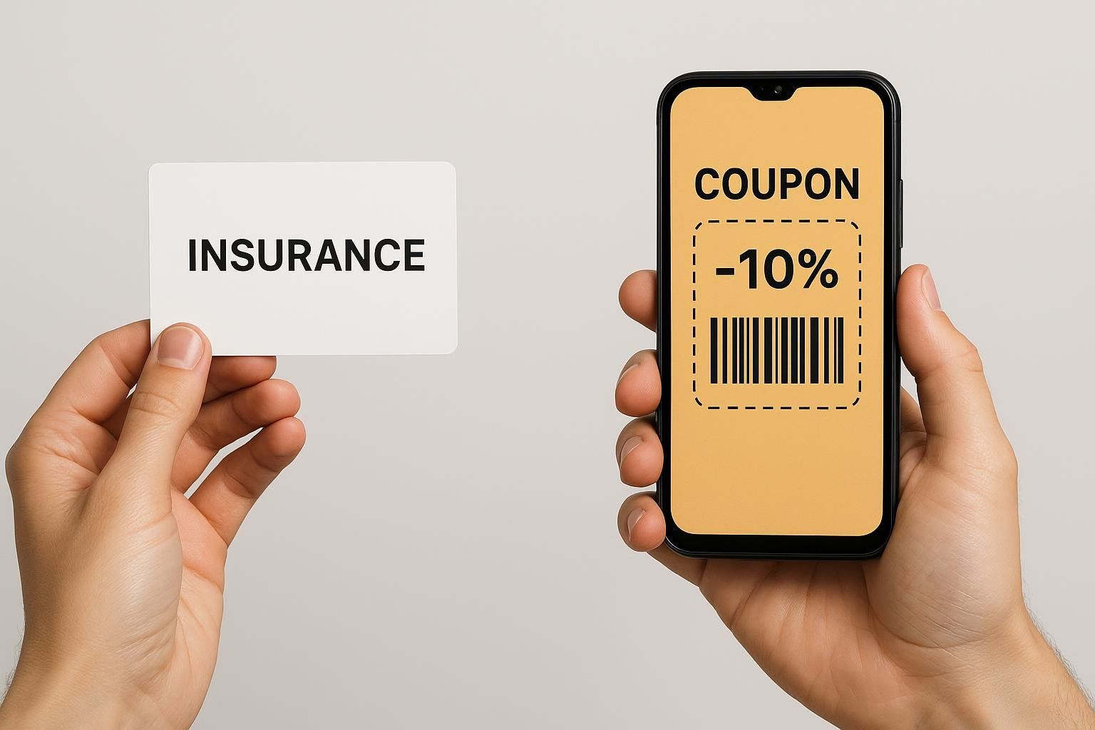 A person holds up a white card with the word 'INSURANCE' in one hand, and a smartphone displaying a 'COUPON -10%' with a barcode in the other hand. The image represents a choice between insurance and a discount.