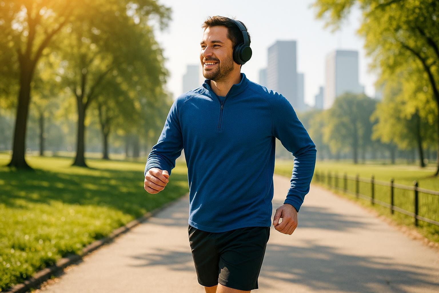 A man with a happy expression walks briskly through a sunny park, wearing headphones and athletic attire. Tall buildings are visible in the distance.