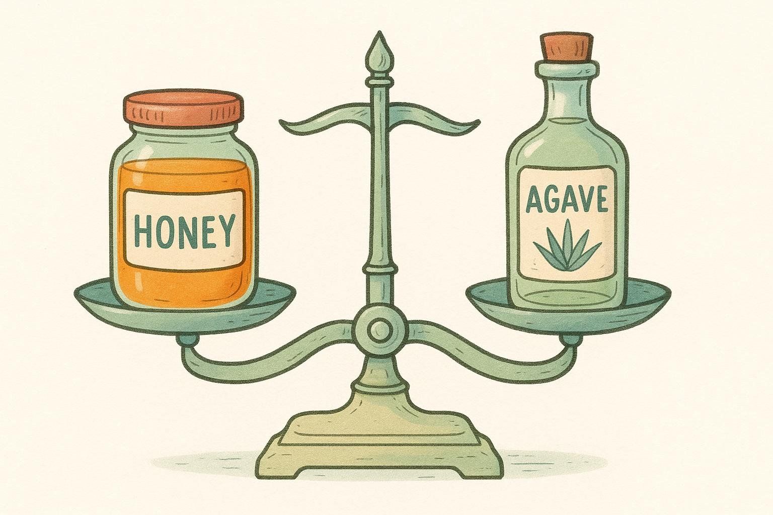 Illustration of a balance scale comparing honey and agave.