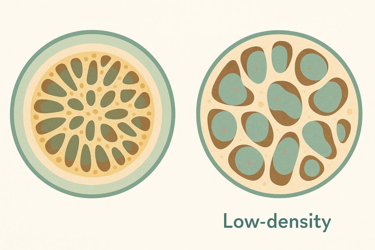 Illustration comparing a dense, healthy bone cross-section (high bone density) with a porous bone cross-section (low bone density).