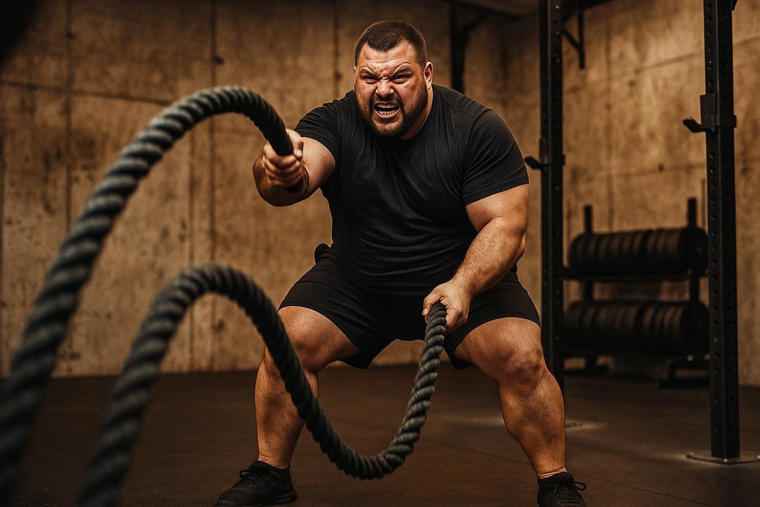 A powerful-looking man with a large build intensely works out with battle ropes in a gym, his face showing exertion.