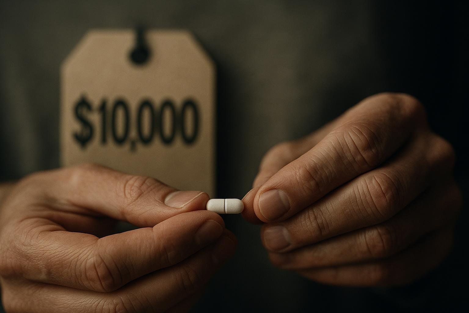 A person holds a single pill while a large, expensive-looking price tag is blurred in the background, representing potential sticker shock.