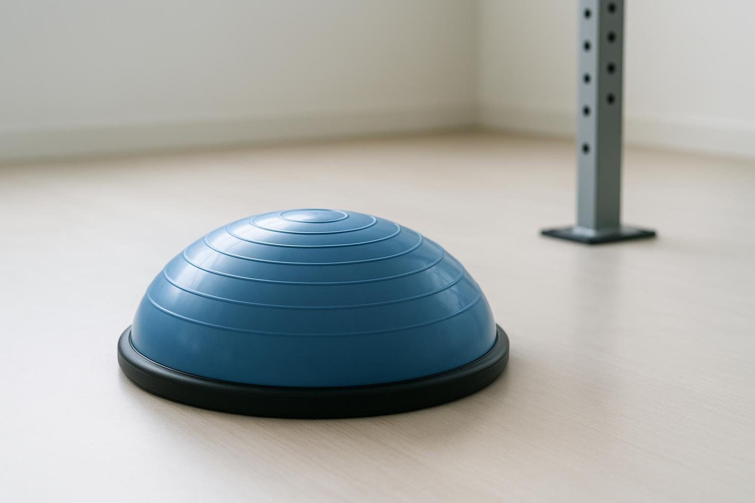 A close-up shot of a blue inflatable balance dome (Bosu ball) on a light-colored gym floor, with a blurred gray metal rack post in the background.