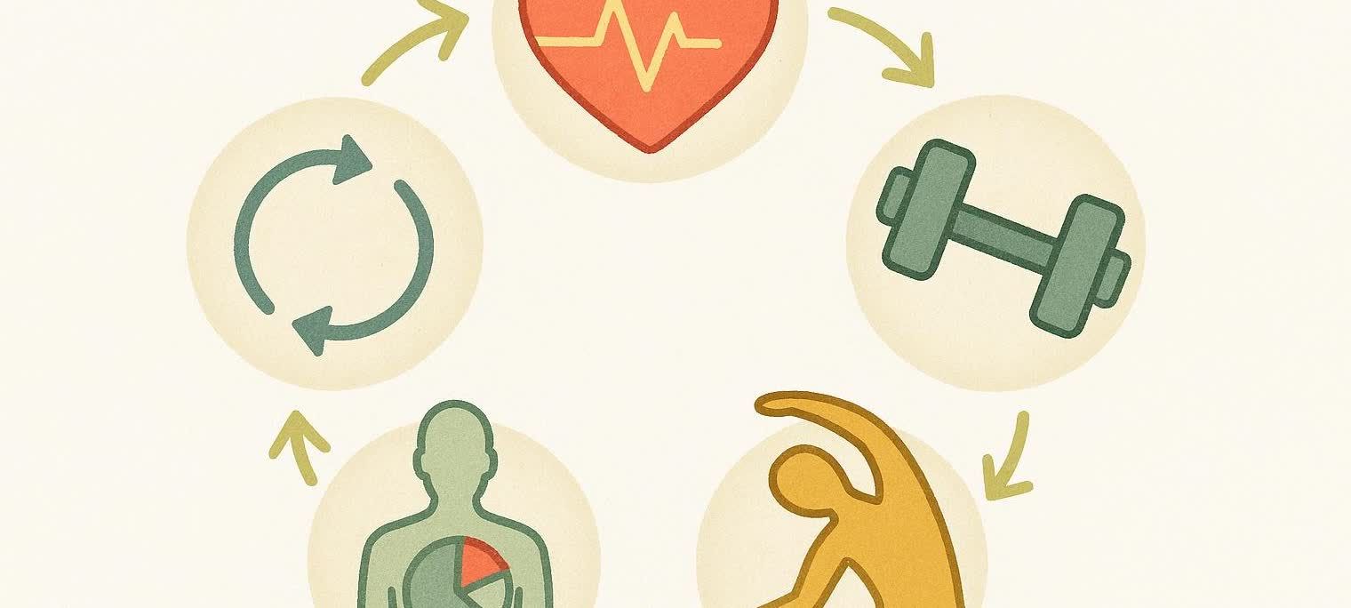 Stylized icons forming a cycle, representing the five components of fitness: a heart with a heartbeat line for cardiorespiratory endurance, a dumbbell for muscular strength, circular arrows for muscular endurance, a figure stretching for flexibility, and a human silhouette with a pie chart for body composition.