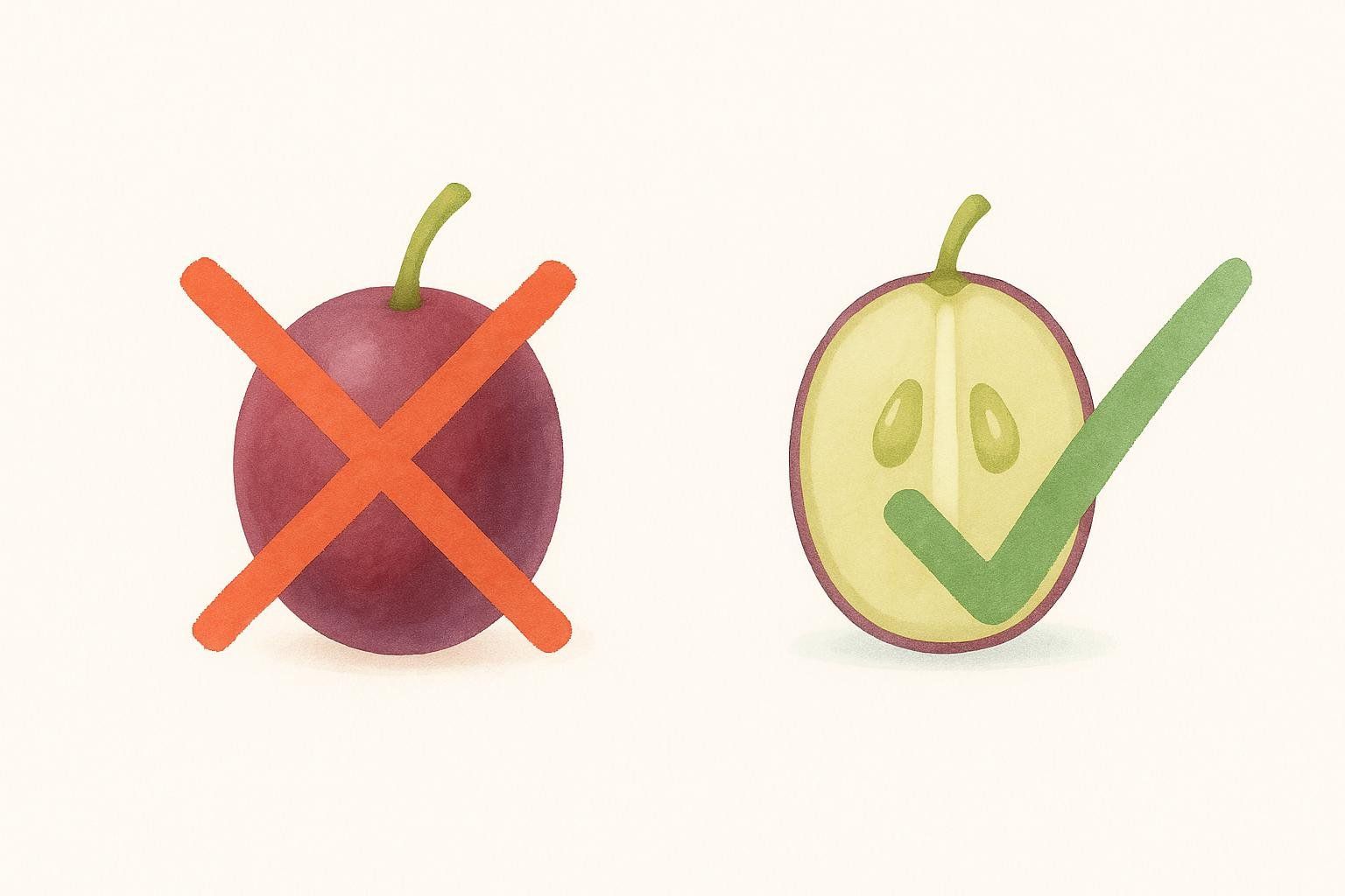An illustration showing a whole grape with a red 'X' over it, and a halved grape with a green checkmark, demonstrating safe grape preparation to prevent choking.