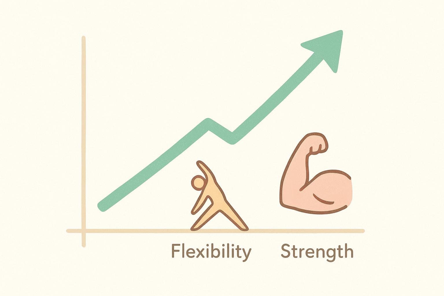 A line graph showing upward progress in two areas. A simplified human figure stretching represents 'Flexibility', and a strong arm flexing represents 'Strength'. The graph shows an overall positive trend for both.