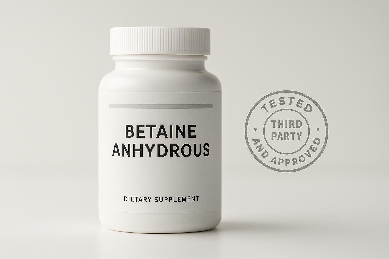 A white bottle of Betaine Anhydrous dietary supplement, with a gray background and a gray 'Tested Third Party and Approved' seal to the right of the bottle.