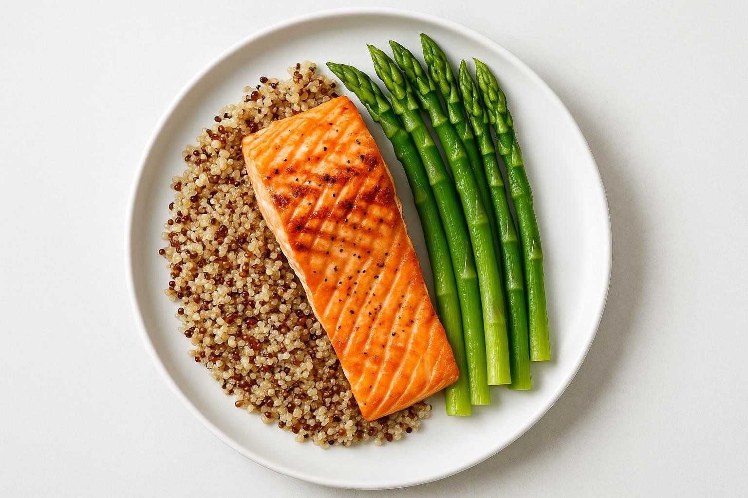 A healthy meal on a white plate, featuring a grilled salmon fillet, a bed of quinoa, and several stalks of green asparagus.