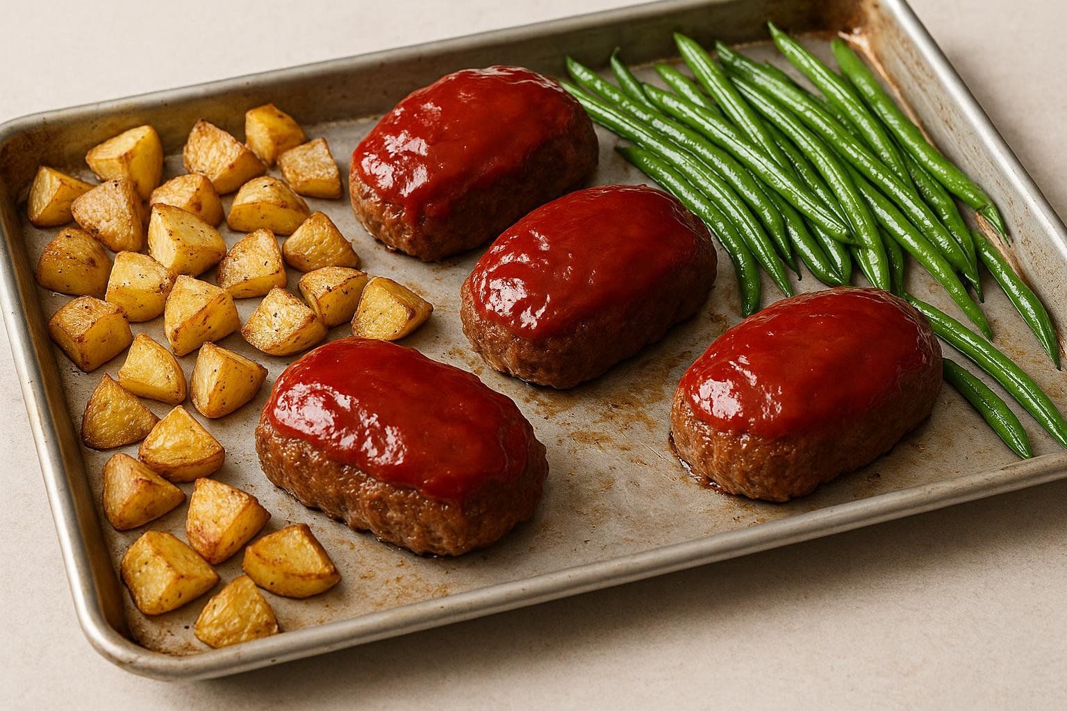 A sheet pan filled with four mini meatloaves topped with red glaze, surrounded by roasted diced potatoes on the left and fresh green beans on the right. The sheet pan is a dark, rustic metal.
