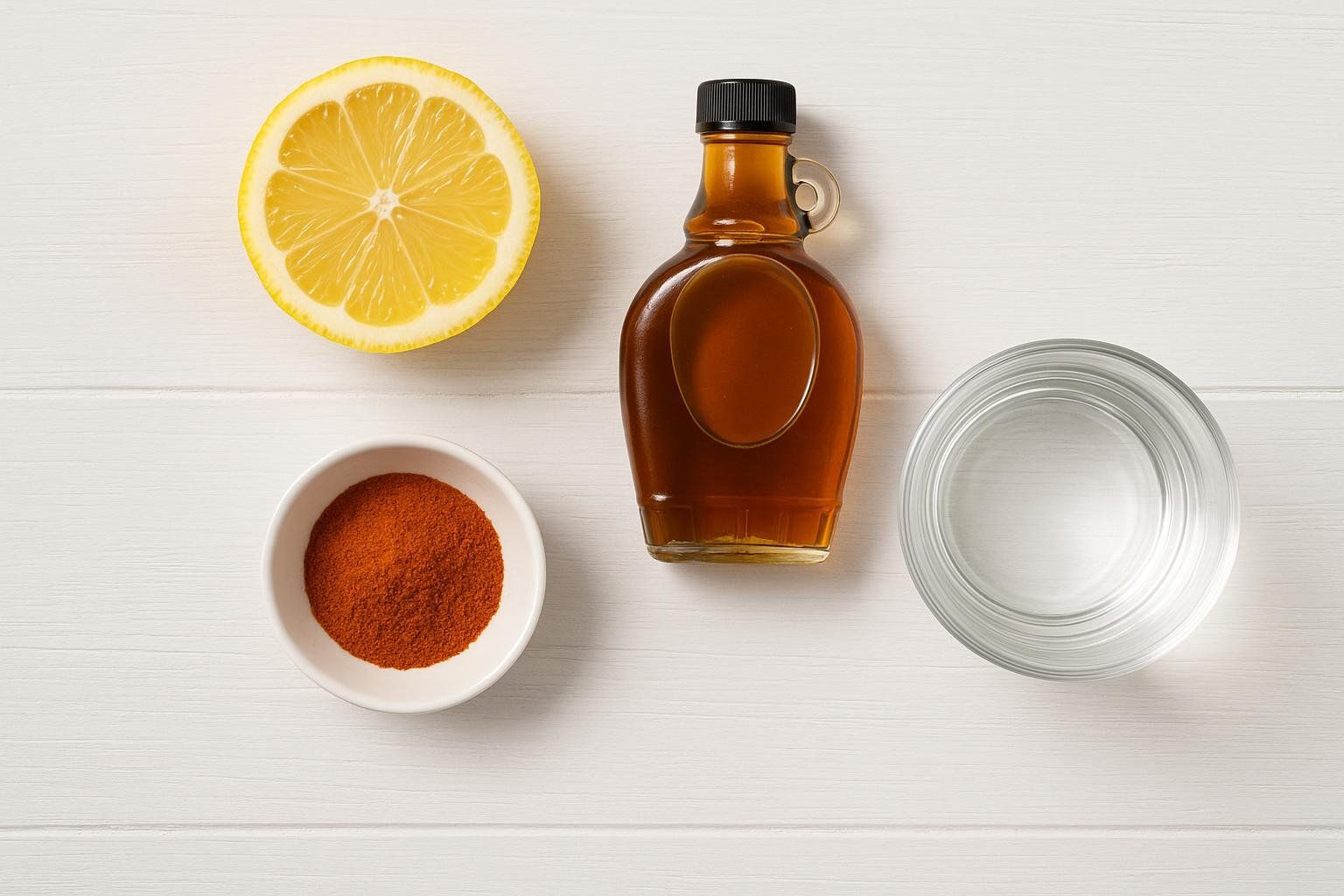 Ingredients for the Master Cleanse lemonade recipe laid out on a white background: a halved lemon, a bottle of maple syrup, a small bowl of cayenne pepper, and a glass of water.
