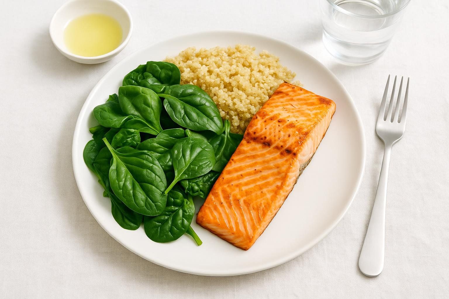 A healthy plate of food including salmon, spinach, and quinoa, highlighting the 'food first' approach to getting magnesium.