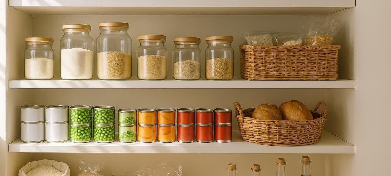A sunlit pantry with three white shelves. The top shelf holds glass jars of sugar and grains, and a woven basket of rice. The middle shelf has stacks of white cans, green pea cans, and orange canned goods, along with a woven basket of bread. The bottom shelf is empty except for reflections.