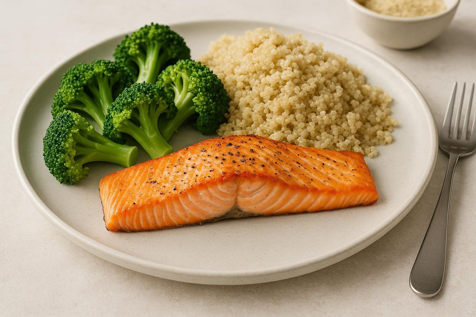 A healthy plate with a grilled salmon fillet, steamed broccoli florets, and a serving of quinoa. A fork is visible on the right side of the plate, and a small bowl of dry quinoa is in the background.