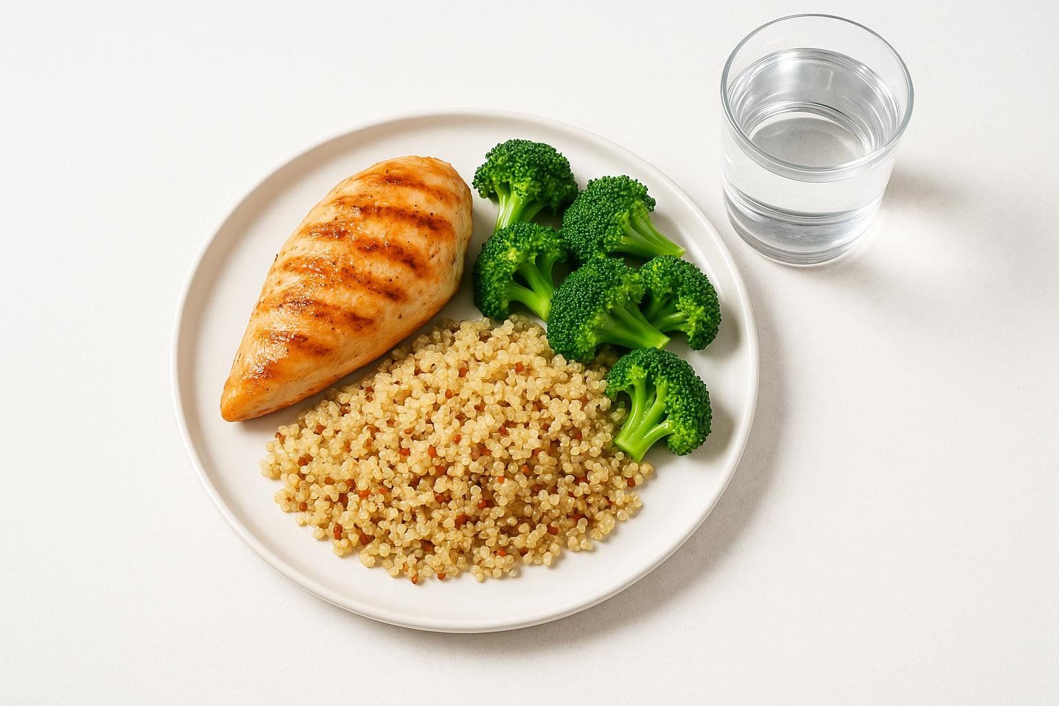 A healthy meal of chicken, quinoa, and broccoli with a glass of water, representing the importance of nutrition for recovery.