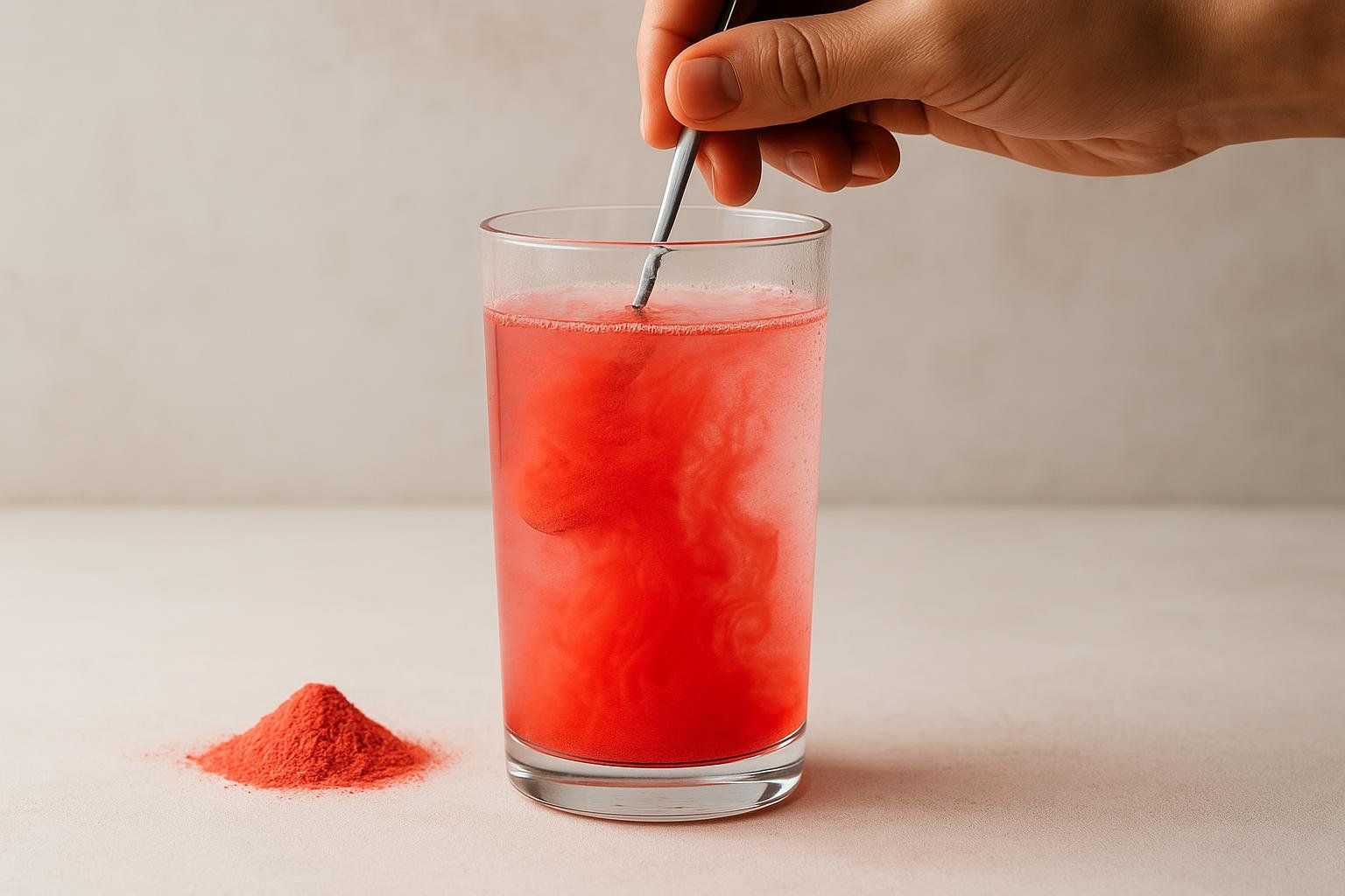 A person stirs a red powder into a glass of red liquid with a spoon. A small pile of the red powder is visible on the surface next to the glass.