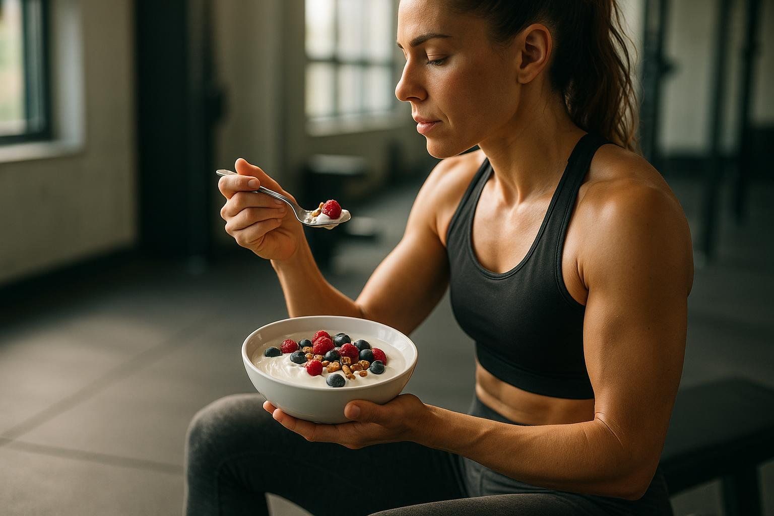A fit athlete refueling with a healthy bowl of yogurt and berries after a workout.