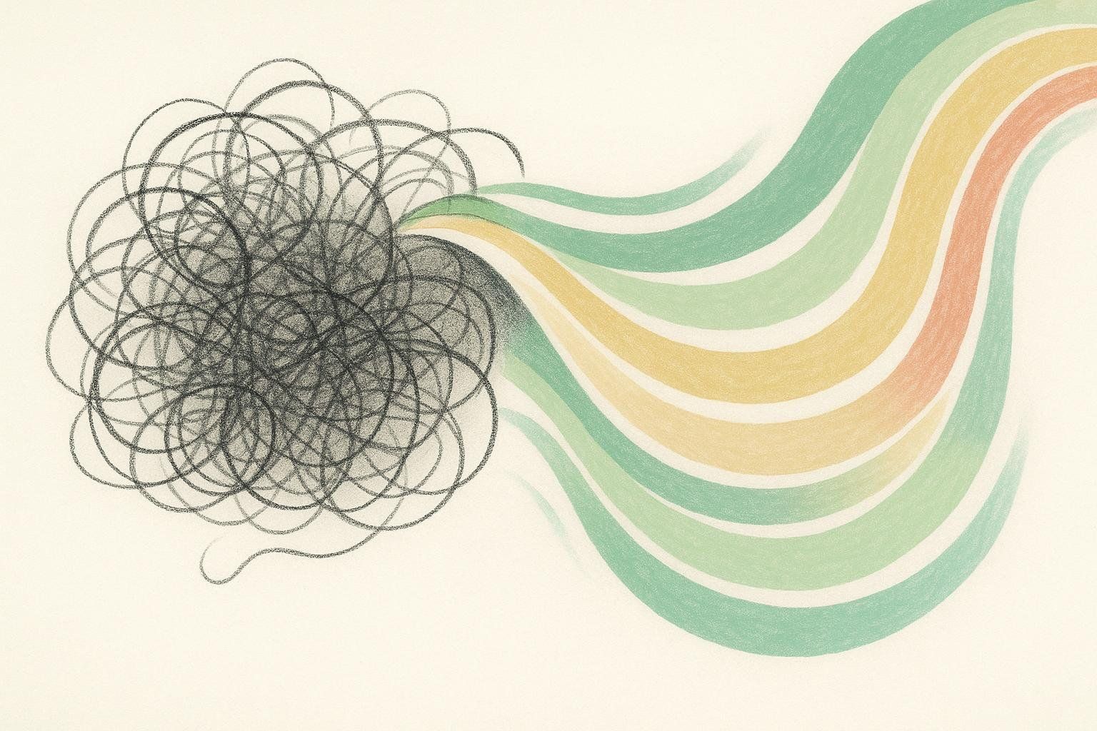 Abstract art showing a transition from a dense tangle of chaotic dark lines into smooth, flowing, colored bands of green, yellow, and orange, symbolizing a shift from distraction to calm.