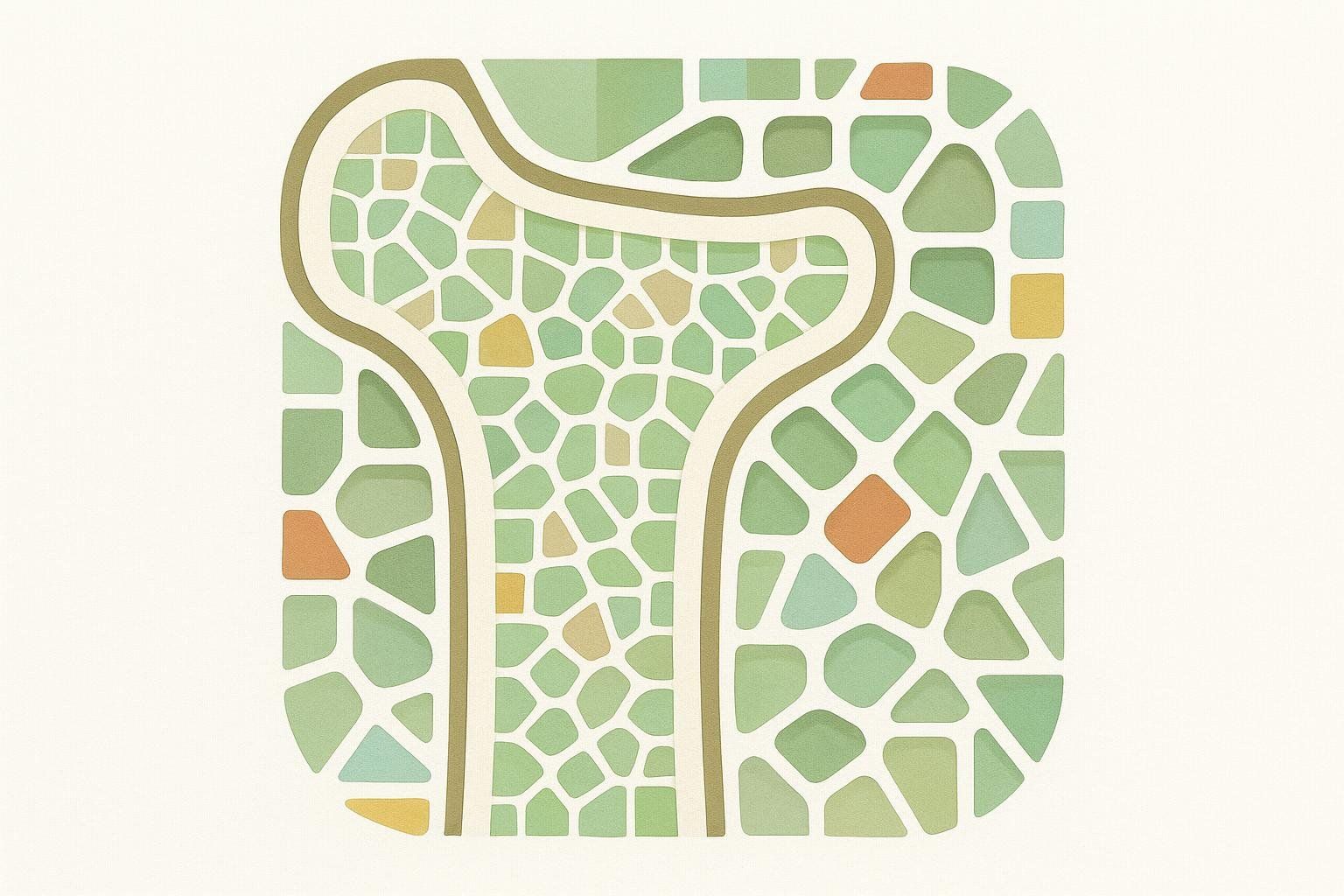 Abstract illustration of a dense and healthy bone cross-section structure, represented by green and yellow mosaic-like shapes outlined by a brown and white curved path, all within a rounded square shape.