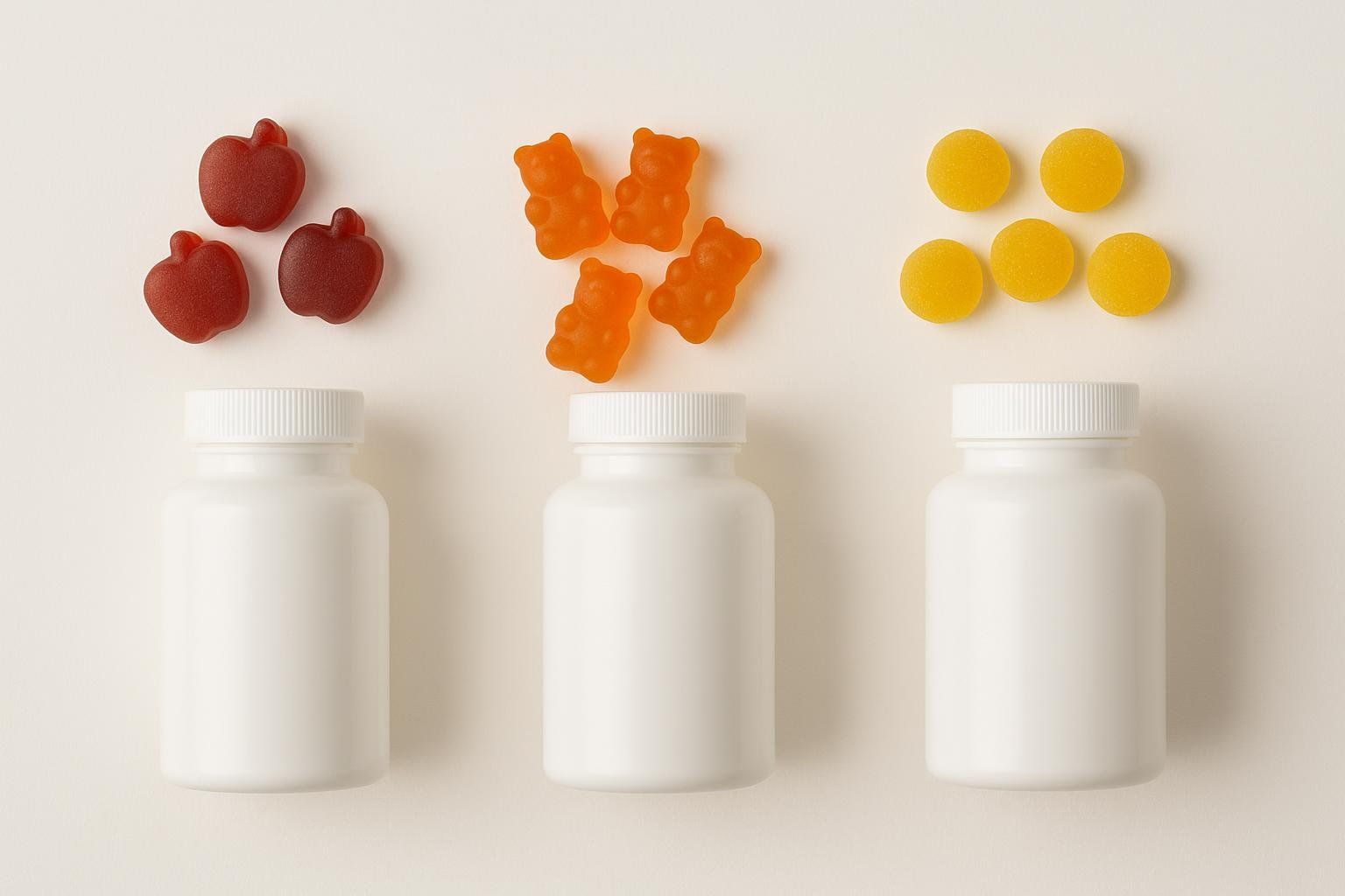 An overhead photo of three different unbranded bottles and types of gummies, showing the variation between brands.