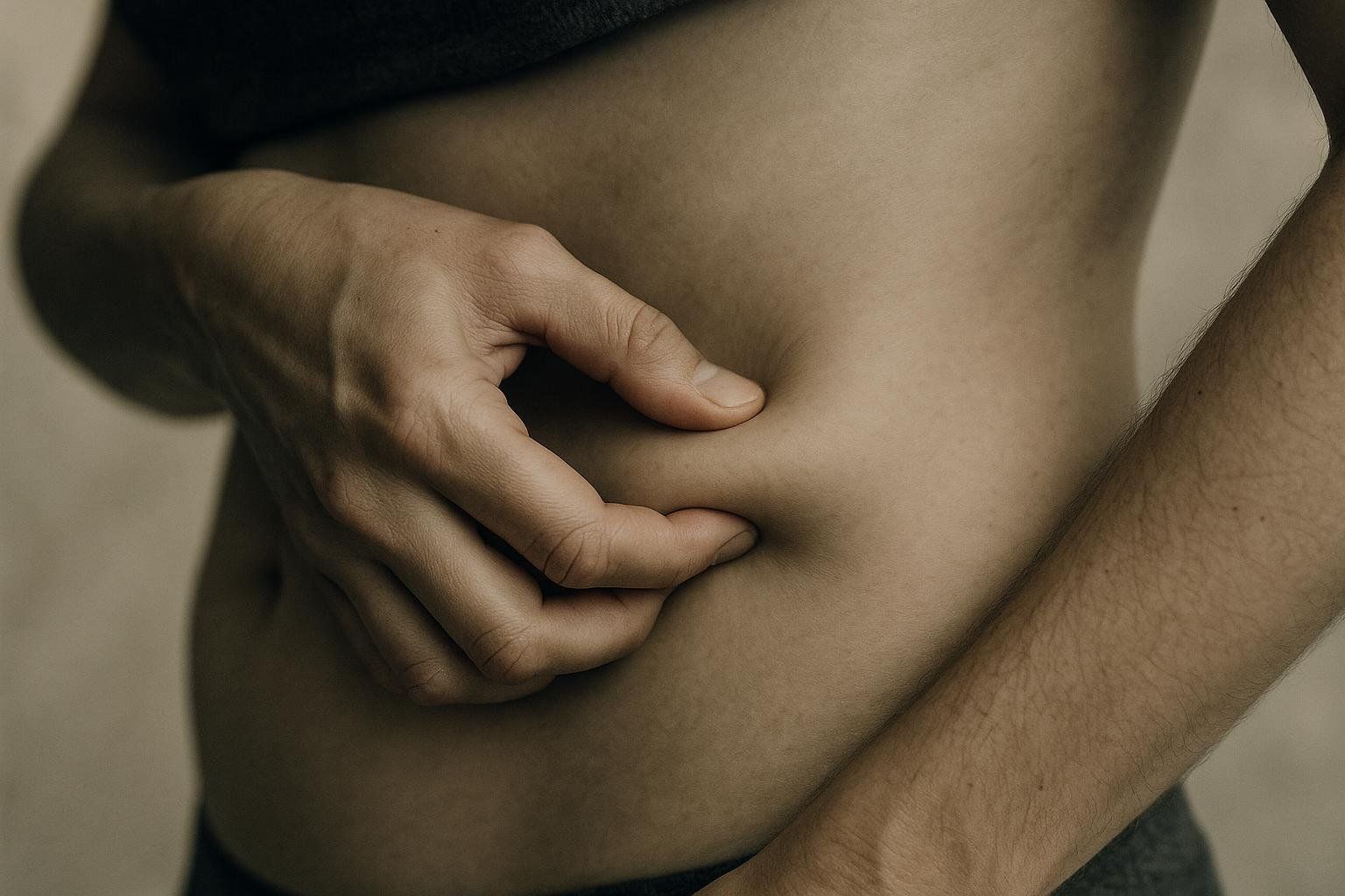 Close-up view of a hand pinching skin on a person's abdomen, representing a skinfold test.