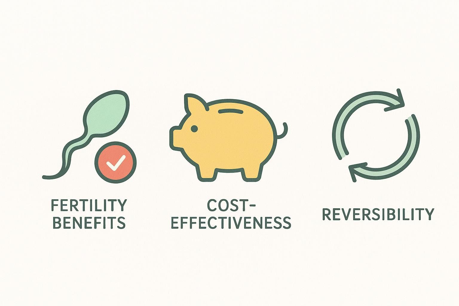 Three icons side-by-side with text labels below them. From left to right: a sperm with a checkmark in a circle labeled "Fertility Benefits"; a piggy bank labeled "Cost-effectiveness"; a circular arrow labeled "Reversibility".