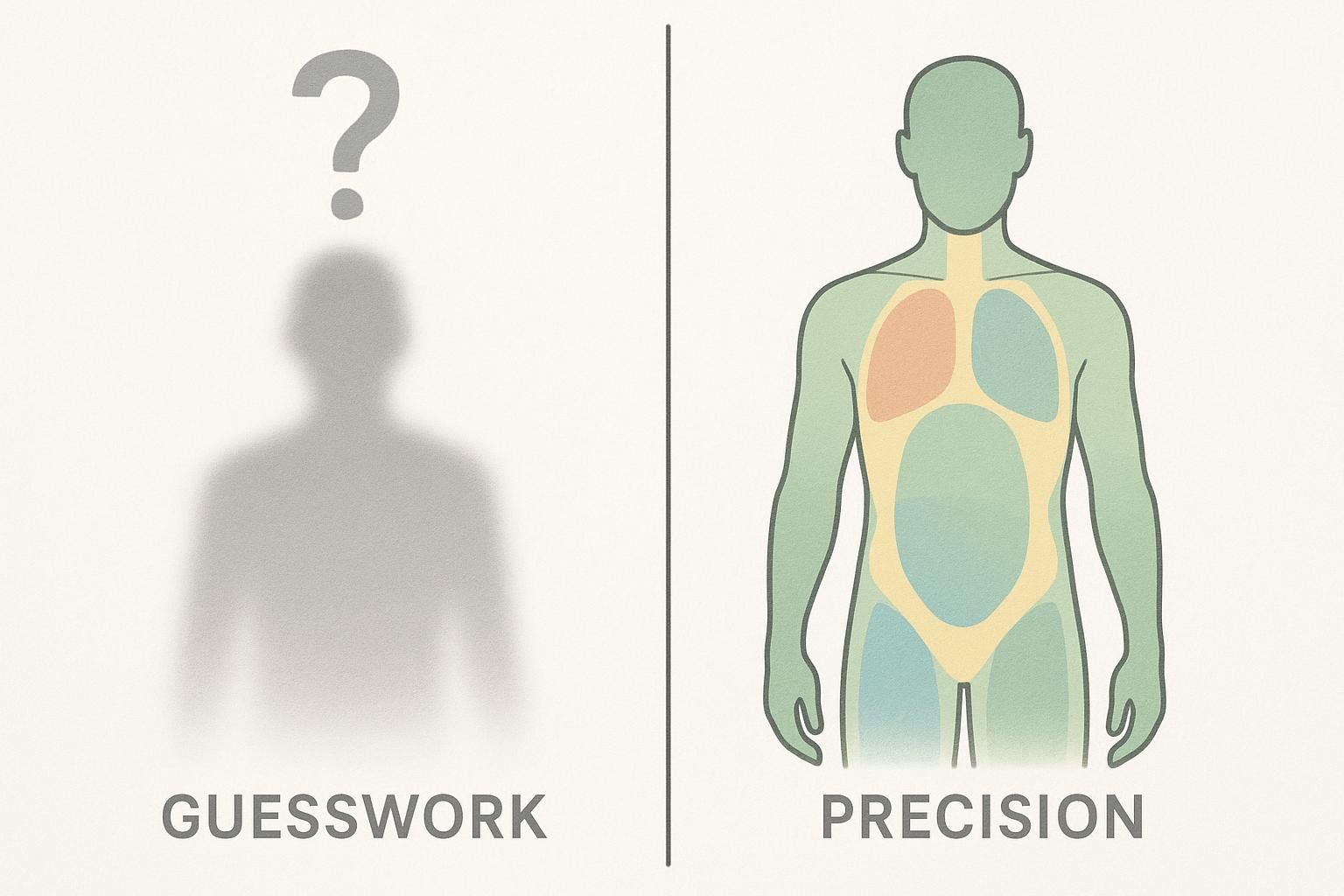 An illustration contrasting blurry guesswork about body type with the precision of a body composition scan, showing internal body components in different colors.